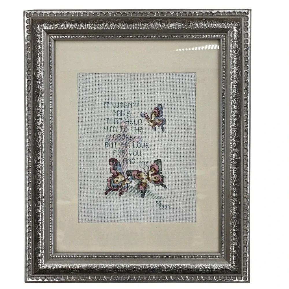 VTG Handmade Completed Framed Cross Stitch It Wasn't Nails Christian 2001Decor